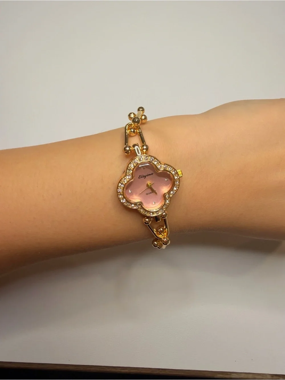 Gold-Tone Pink Dial Flower Quartz Watch